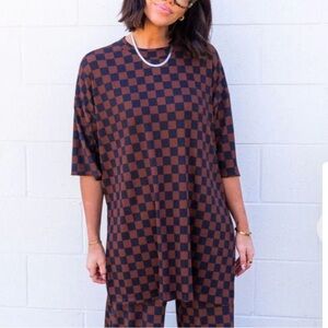 **SHIRT ONLY** Dressed in LaLa Ribbed Checkerboard Playsuit in Black + Mocha
